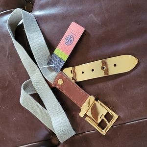 Tory Burch stretch khaki belt with large gold buckle NWT size small